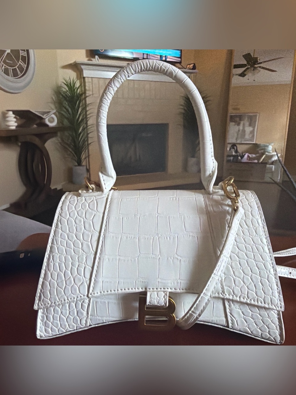 White Croc-Embossed Top-Handle Satchel